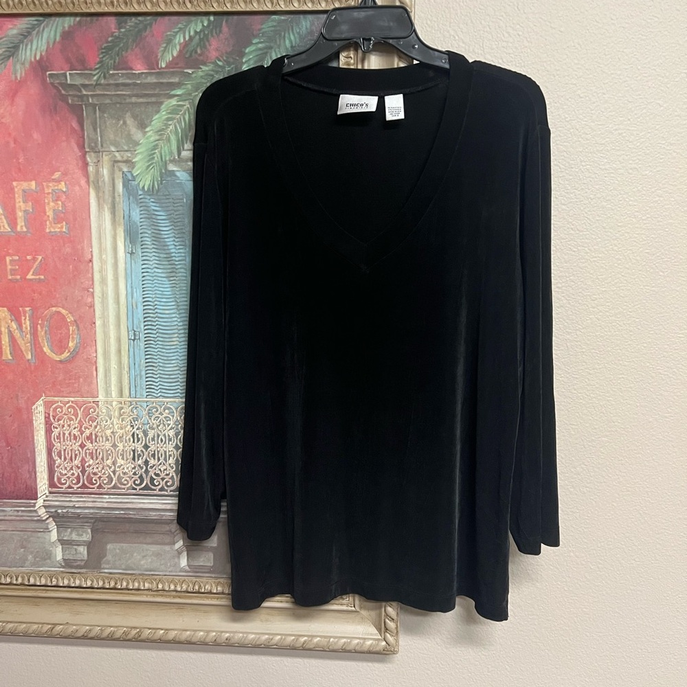 Chico's Travelers Black V-Neck Bracelet Sleeve Women's Top